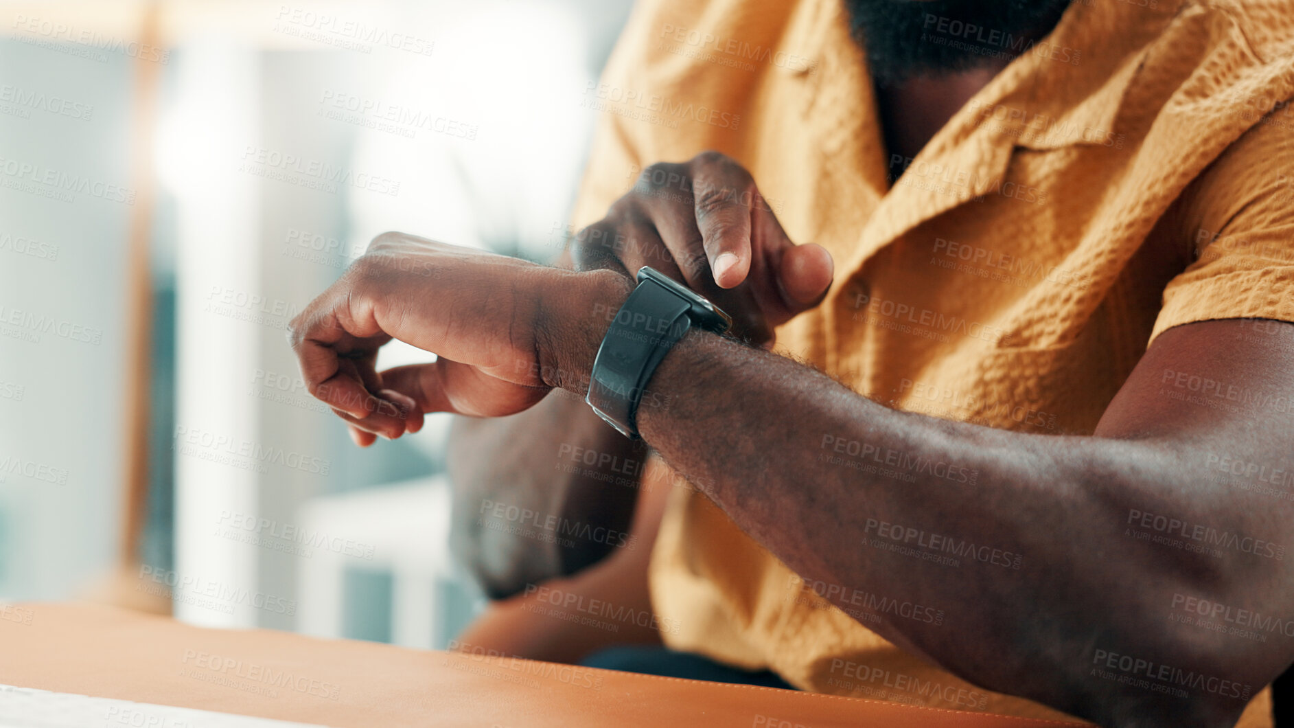 Buy stock photo Creative agency, hands or man in office, smart watch or reminder for schedule. Closeup, person or journalist in workplace, time management or deadline for news report, check notification or iot clock