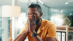 Eye strain, headache and stress with designer black man in office for fatigue or problem solving. Anxiety, business and pain with African employee in design workplace for error, migraine or mistake