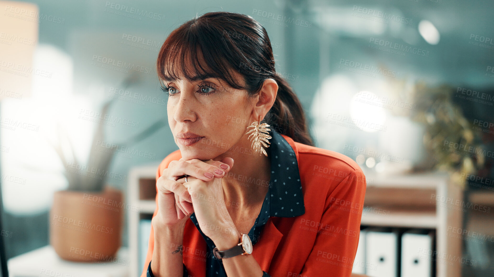 Buy stock photo Thinking, draft or woman in office with review, column insight or source feedback for article. Reflection, brainstorming or mature journalist with tech, story planning or research for publication.
