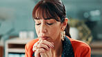 Praying, employee and woman in office, waiting and hope for article feedback or reporter with faith. Newsroom, journalist and mature person with anxiety for story approval, religious and reflection