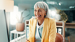 Happy, businesswoman and project with computer, office and positive feedback on website or creative. Proofreading, online and mature person with smile for article publication, media and blog updates