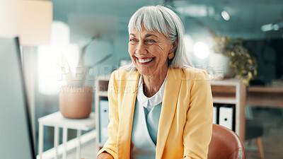 Buy stock photo Happy, businesswoman and project with computer, office and positive feedback on website or creative. Proofreading, online and mature person with smile for article publication, media and blog updates