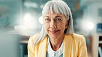 Happy, businesswoman and research with computer, office and positive feedback on website or creative. Proofreading, online and mature person with smile for article publication, media and blog updates