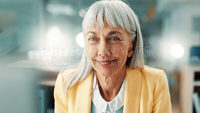 Buy stock photo Happy, businesswoman and research with computer, office and positive feedback on website or creative. Proofreading, online and mature person with smile for article publication, media and blog updates