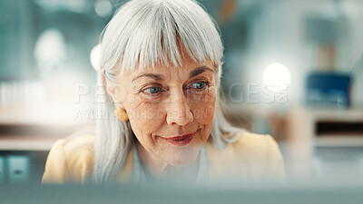 Buy stock photo Reading, businesswoman and research with computer, office and positive feedback on web and creative. Newsroom, online and mature person with smile for article publication, media and blog updates