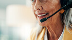 Office, consultant and woman with headset, mouth and discussion with contact, happy or telemarketing. Call center, agent and mature person with mic for chat, space and lead generation with technology