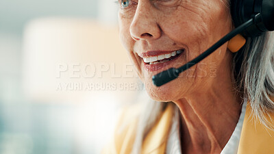 Buy stock photo Office, consultant and woman with headset, mouth and discussion with contact, happy or telemarketing. Call center, agent and mature person with mic for chat, space and lead generation with technology