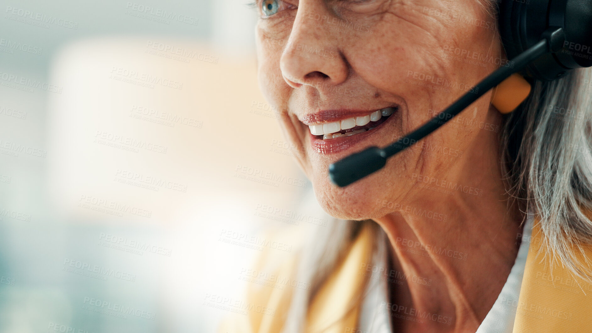 Buy stock photo Office, consultant and woman with headset, mouth and discussion with contact, happy or telemarketing. Call center, agent and mature person with mic for chat, space and lead generation with technology