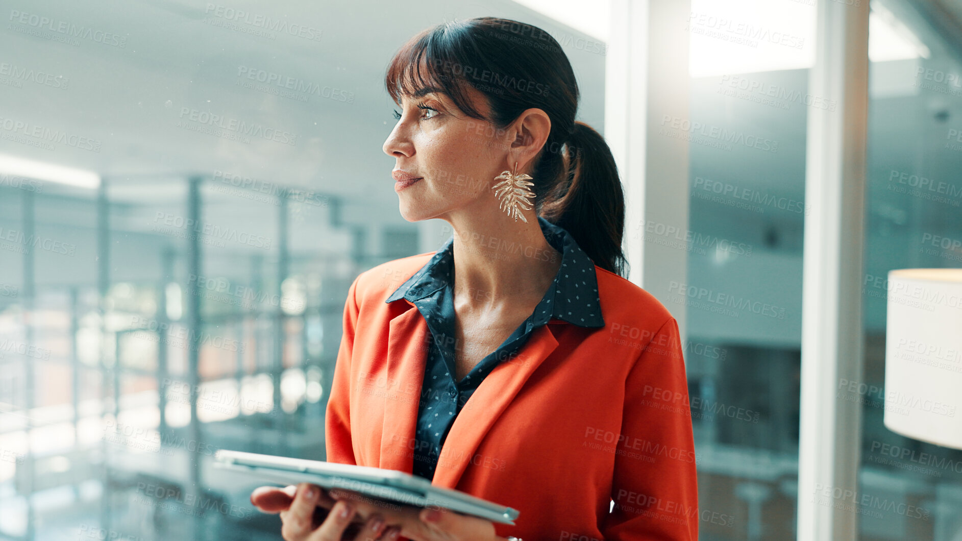 Buy stock photo Thinking, review or woman in office with tablet, draft insight or source feedback for article. Reflection, brainstorming or mature journalist with tech, story planning or research for publication.
