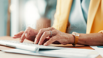 Buy stock photo Typing, online and hands with computer, office and journalist with article on web, editing and media. Newsroom, reporter and person with tech for story, creative or magazine publication with keyboard