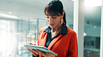 Creative, scroll and business woman on tablet for online editing, publication and news article. Publishing, magazine agency and person on digital tech for proofreading, feedback and story review