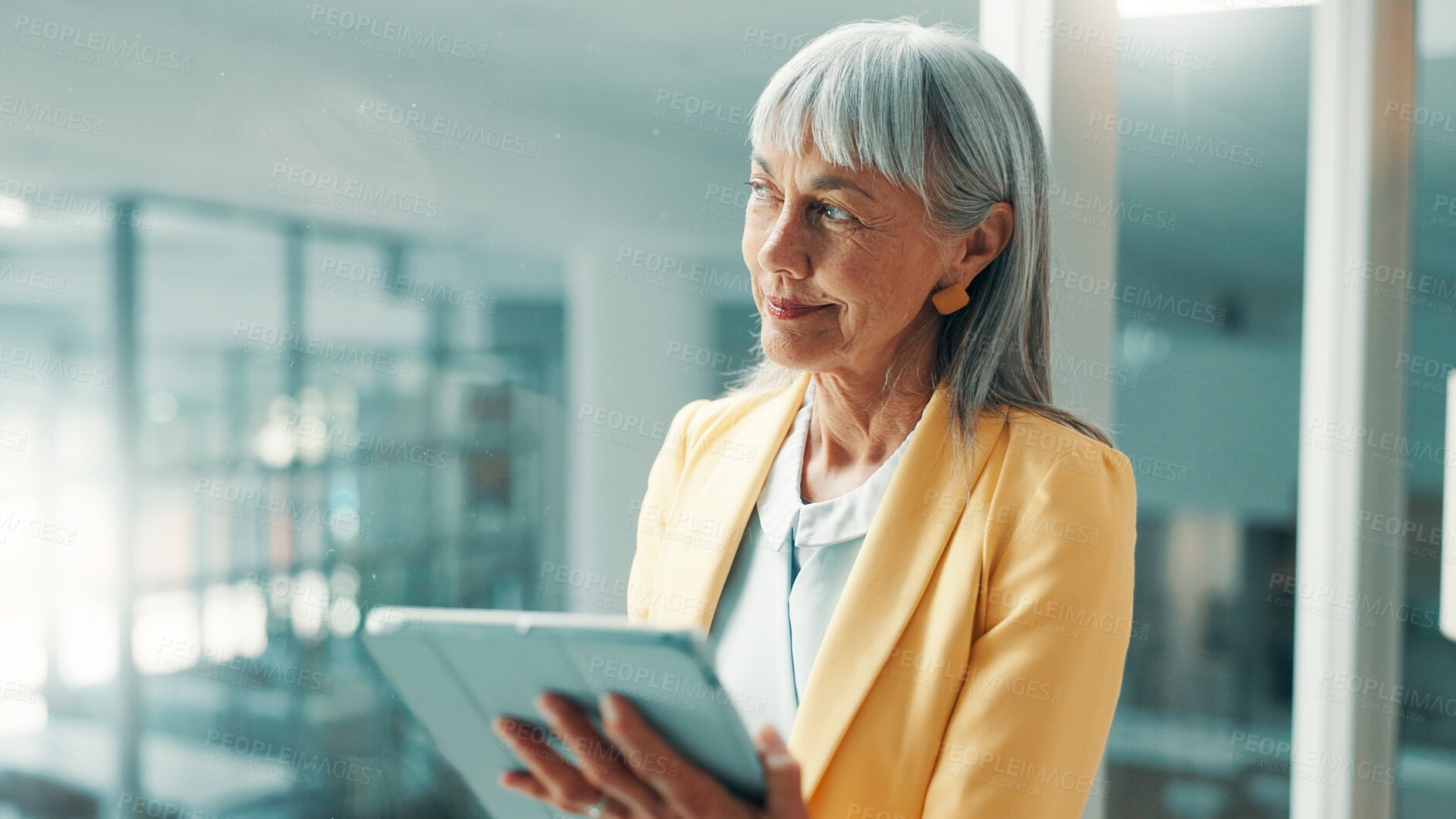 Buy stock photo Thinking, review or journalist in office with tablet, draft insight or source feedback for article. Reflection, brainstorming or mature woman with technology, story plan or research for publication.
