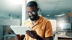 Creative, office and business black man on tablet for online editing, publication and news article. Publishing, magazine agency and person on digital tech for proofreading, research and story review