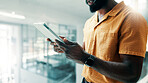 Creative, hands and business man on tablet for online editing, publication and news article. Publishing, magazine agency and person on digital tech for proofreading, research and story feedback