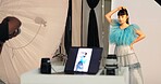 Laptop screen, photoshoot and woman in studio, fashion catalog and photography project for digital art. Media agency, people or pc for visual software, equipment or capture picture for stylish column