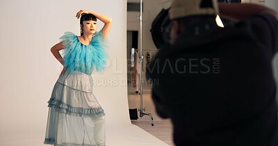 Buy stock photo Photoshoot, camera and people in studio, photography and digital art for magazine catalog. Freelancer, man and woman in workplace, equipment and stylish clothes for fashion project and backstage