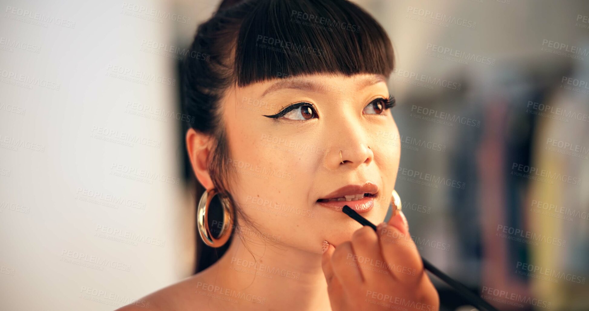 Buy stock photo Getting ready, makeup and stylist with model in studio for behind the scenes photography. Cosmetic artist, lipstick and preparation with woman on set of photoshoot for film or media production