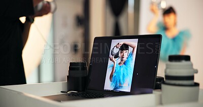 Buy stock photo Laptop screen, photoshoot and woman in studio, backstage and project for digital art. Creative agency, people and computer for visual software, equipment and capture picture for production process