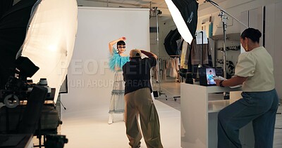 Buy stock photo Photoshoot, camera and people in studio, photographer and laptop for creative project. Group, man and women in workplace, backstage and equipment for magazine catalog, artist and production process