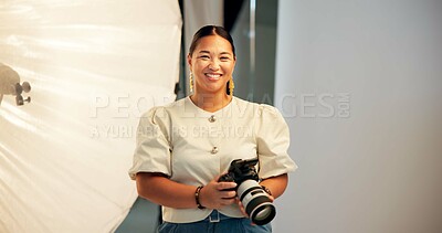 Buy stock photo Portrait, photographer or happy woman in studio with camera, pride or creative insight for project. Space, female person and smile on set with photography equipment, film production or media campaign