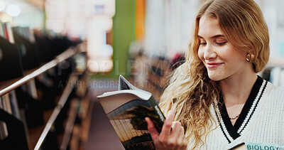 Buy stock photo Girl, student and happy with search at bookshelf in library with biology project for assessment at college. Woman, books and smile with choice, education and learning with scholarship at university