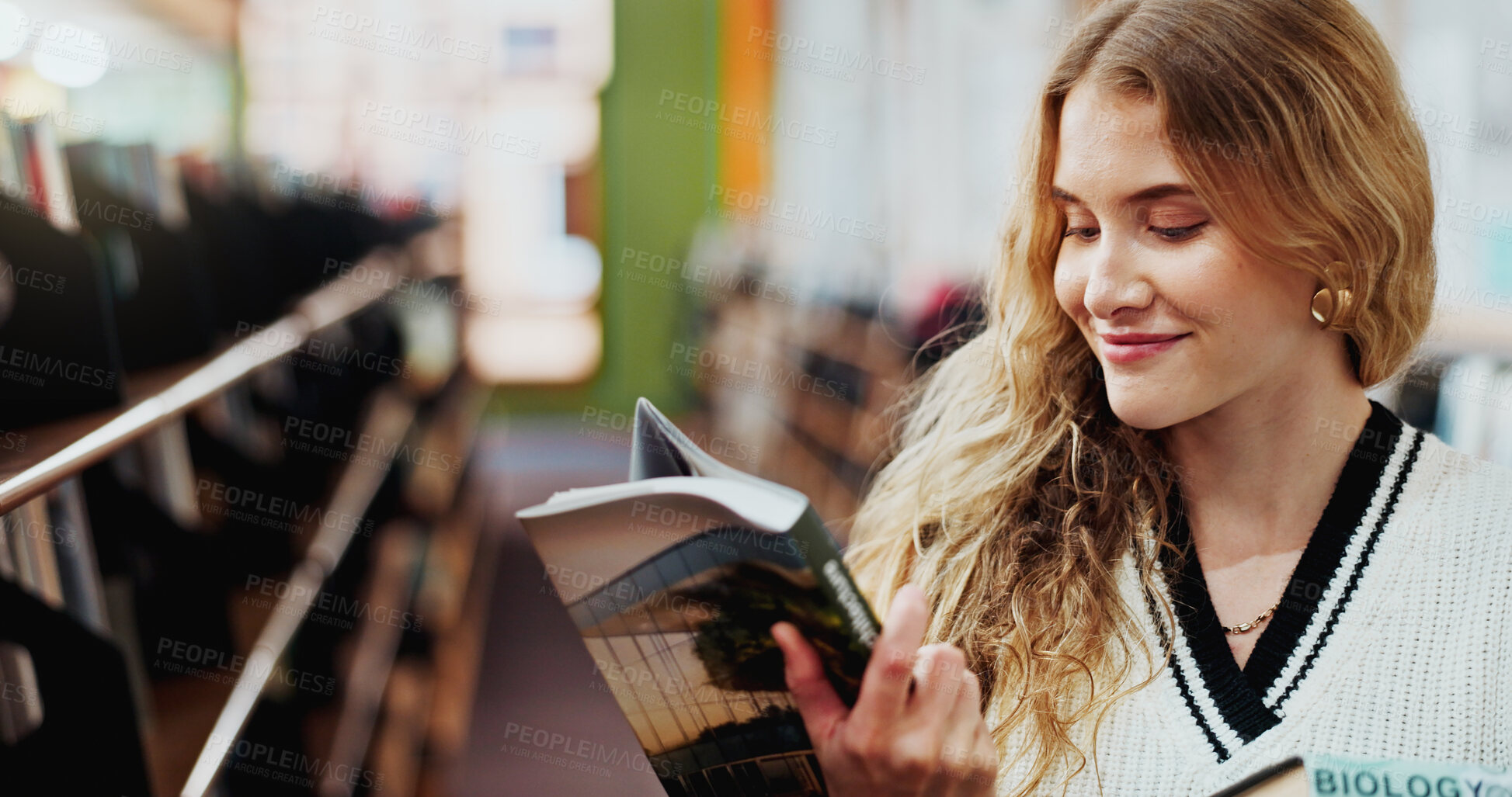 Buy stock photo Girl, student and happy with search at bookshelf in library with biology project for assessment at college. Woman, books and smile with choice, education and learning with scholarship at university