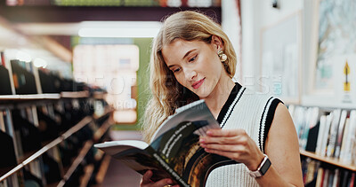 Buy stock photo Girl, student and happy with reading book in library for learning, project or prepare for college exam. Woman, literature and smile with review, education and study with scholarship at university