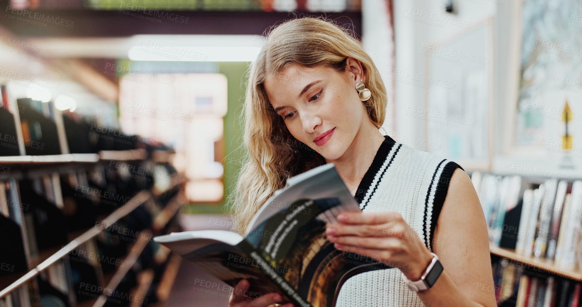 Buy stock photo Girl, student and happy with reading book in library for learning, project or prepare for college exam. Woman, literature and smile with review, education and study with scholarship at university