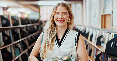 Buy stock photo Girl, college student and portrait with books in library for education, smile and pride at campus. Woman, happy and literature for scholarship, learning or confidence for study at university in Spain