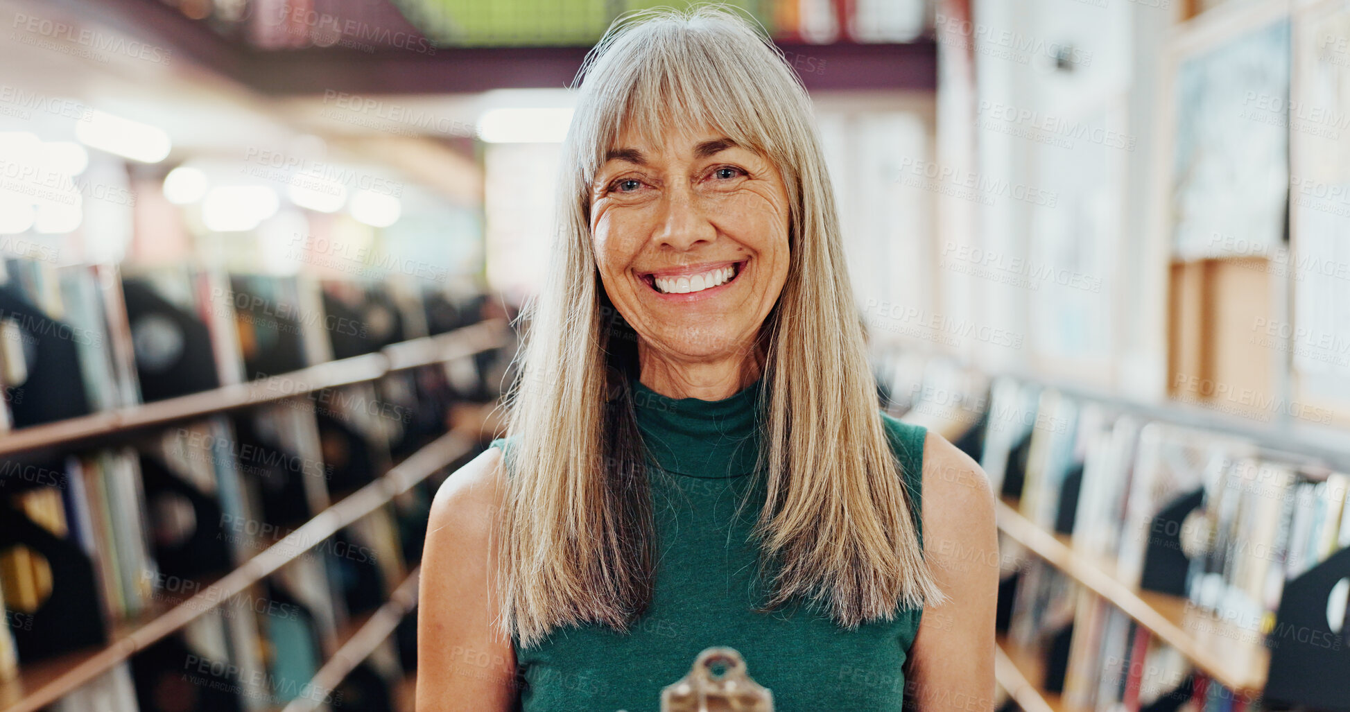 Buy stock photo Librarian, woman and portrait with clipboard in library for stock control, material checklist and info. Admin, mature person and happy in bookstore for inventory, sampling books and resource catalog