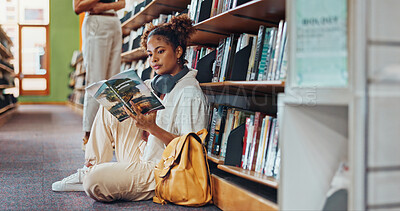 Buy stock photo Student, girl or reading book at campus library for architecture course, info search or learning. College, person and design planning textbook on floor for exam preparation, knowledge and scholarship