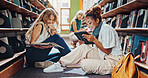 Tablet, friends and students in library, talking and ideas for academic project, smile and college. University, laughing or women on floor, conversation or tech for online course, joke or education
