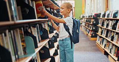 Buy stock photo Bookshelf, choice or happy kid with book in library, language or vocabulary education for story selection. Knowledge, decision or girl with literature to learn, literacy development or browse options