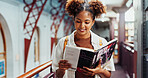 Reading book, smile and woman in library, learning and education for mind development. Student, university and happy person with novel, literacy and english language for project, hobby and literature