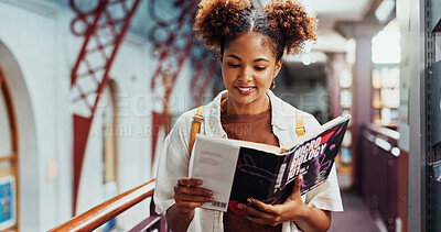 Buy stock photo Reading book, smile and woman in library, learning and education for mind development. Student, university and happy person with novel, literacy and english language for project, hobby and literature