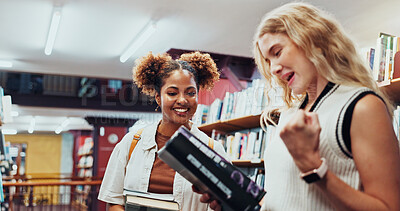 Buy stock photo Tablet, college and women in library, excited or ideas for academic project, smile or cheering. University, friends or tech for scholarship, conversation or achievement with test results or elearning