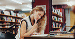 Woman, student and thinking with book in library for studying, education or learning in school. Thoughtful, female person or contemplating with notes, diary or notebook for project research or test