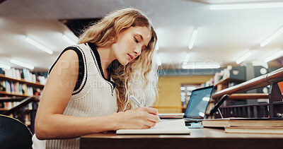 Buy stock photo Woman, student or studying with book for education, knowledge or learning in school library. Female person, writing or taking notes with diary or notebook for project research or assessment on campus
