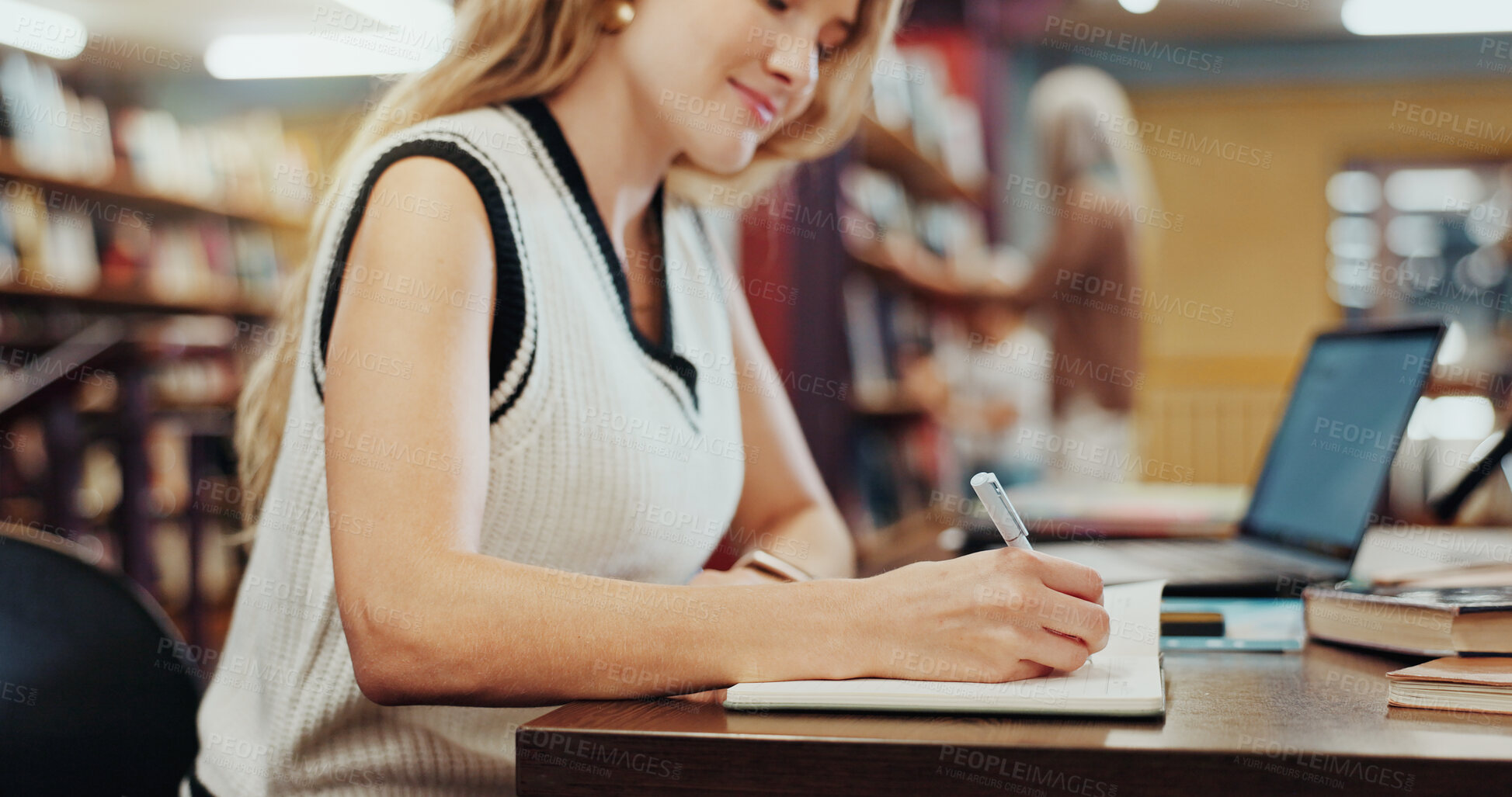 Buy stock photo Woman, student or writing with book for education, knowledge or learning in school library. Female person, studying or taking notes with diary for project research, essay or assessment on campus