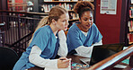 Girl, medical student and review with laptop at library for research, notes and brainstorming at campus. People, healthcare scholarship and computer with insight, discussion and listen at university