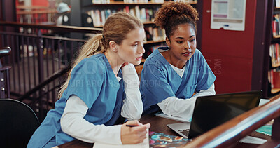 Buy stock photo Girl, medical student and review with laptop at library for research, notes and brainstorming at campus. People, healthcare scholarship and computer with insight, discussion and listen at university