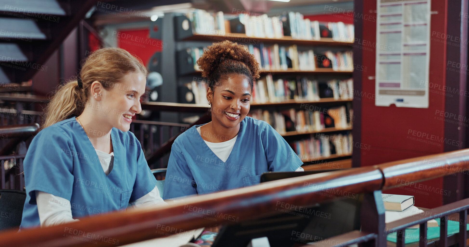 Buy stock photo Women, medical students and review with laptop at library for research, planning and education at campus. Girl, healthcare scholarship and computer with insight, learning and smile at university