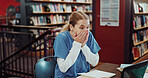 Education, excited and laptop with medical student in library for internship or residency success. Computer, good news and reaction with girl on university campus for healthcare study or learning