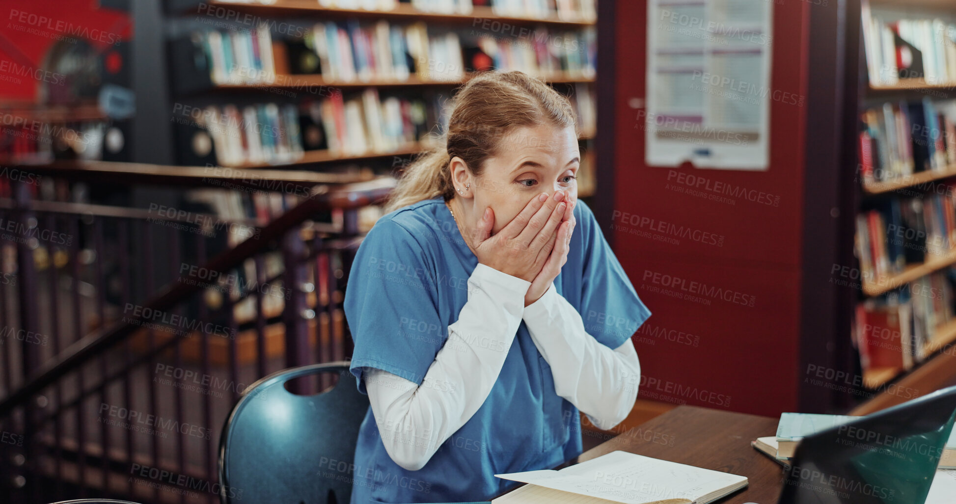 Buy stock photo Education, excited and laptop with medical student in library for internship or residency success. Computer, good news and reaction with girl on university campus for healthcare study or learning
