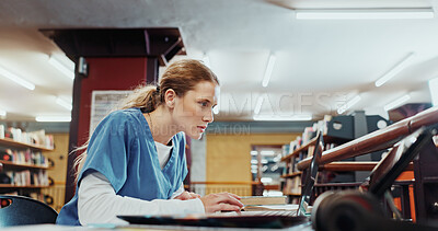 Buy stock photo Laptop, woman and medical student in library with study, browsing and research for university exam. Person, reading or learning in college with computer, knowledge or higher education for healthcare.