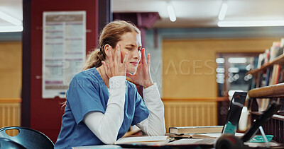 Buy stock photo Medical student, headache and woman in library with stress, exam pressure or test fail with laptop. College, nurse and person with migraine, pain or burnout with computer for assignment deadline