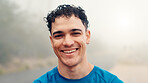 Happy man, portrait and fitness with fog in nature for outdoor exercise, workout or training. Active, male person or runner with smile in wilderness for extreme sport, physical activity or wellness