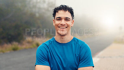 Buy stock photo Man, fitness and happy for portrait in forest with break, wellness and confidence on road in morning fog. Person, runner and smile with exercise outdoor, rest or pride on street in Costa Rica