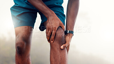 Buy stock photo Man, hands and fitness with knee pain for workout accident, sprain or pressure in nature. Active, male person or runner with sore leg, joint inflammation or muscle tension for training injury in fog
