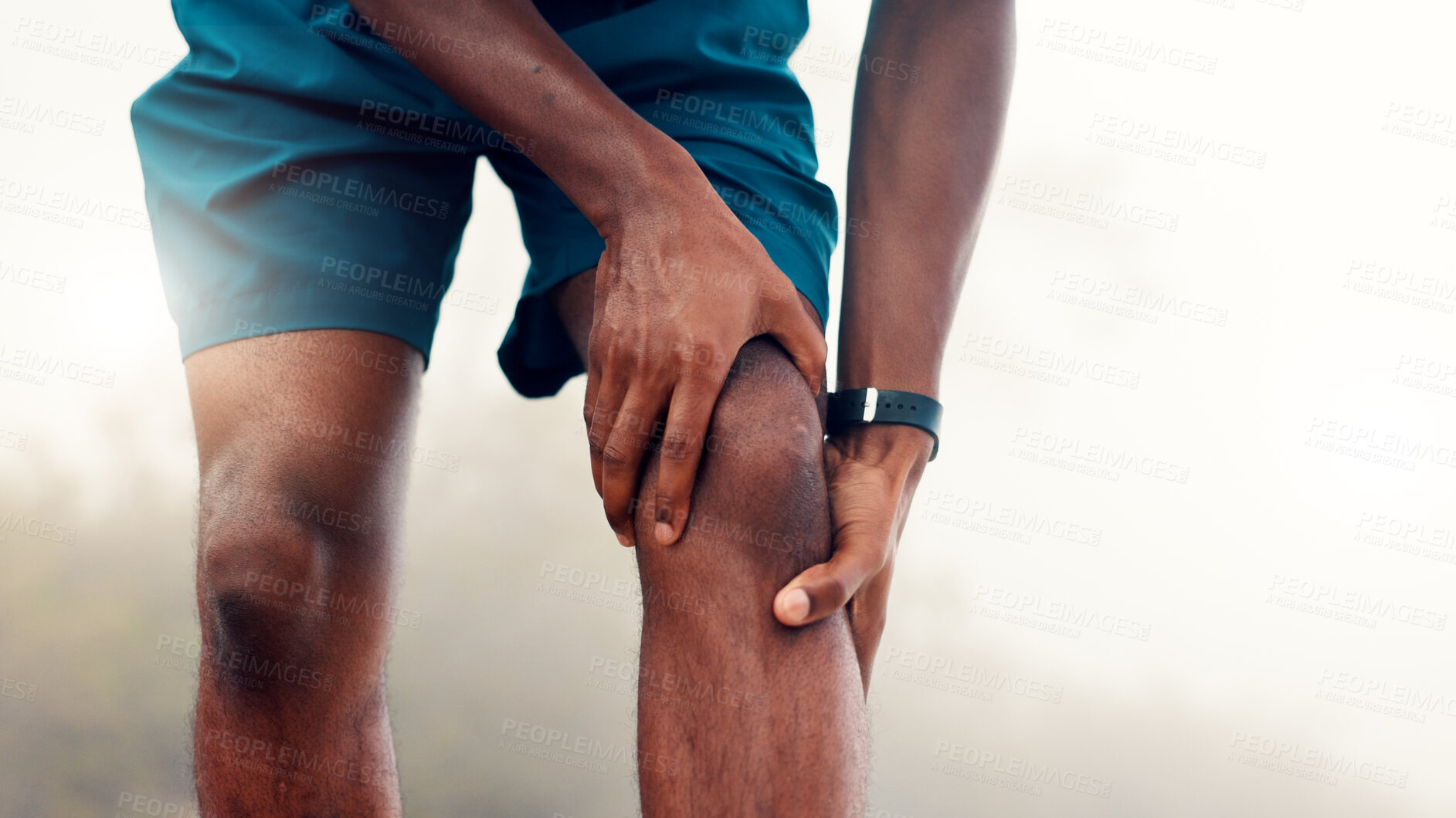 Buy stock photo Man, hands and fitness with knee pain for workout accident, sprain or pressure in nature. Active, male person or runner with sore leg, joint inflammation or muscle tension for training injury in fog